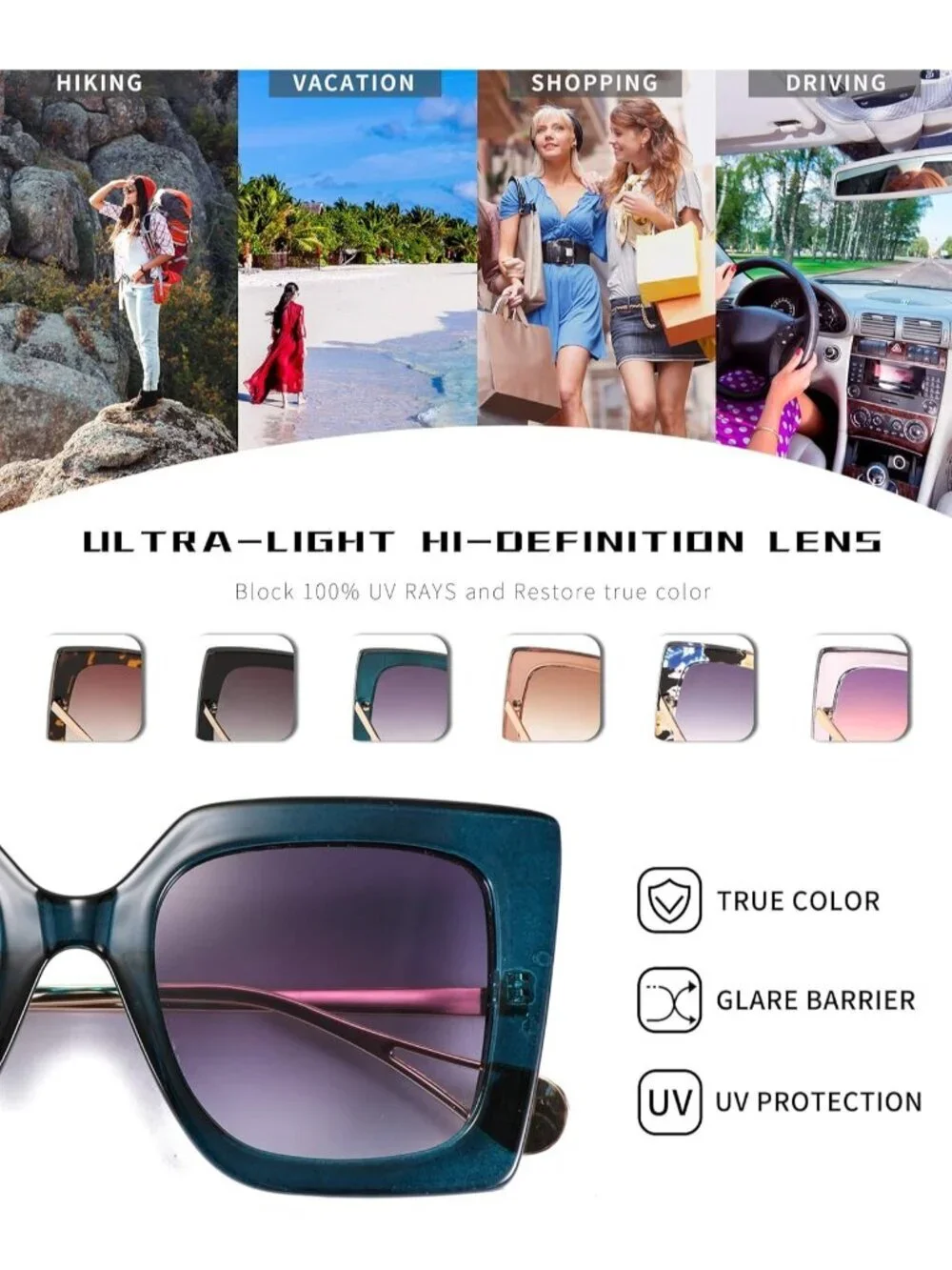 Women's Trendy Square Shades Pearl Inlay Cat Eye UV400 Protection Peacock Blue